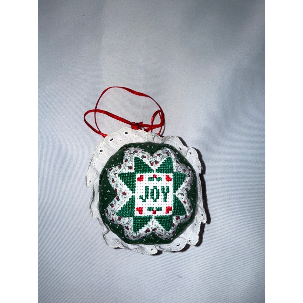 Handmade Cross Stitch Christmas Ornament Joy Star Green White Lace Trim 3.5in